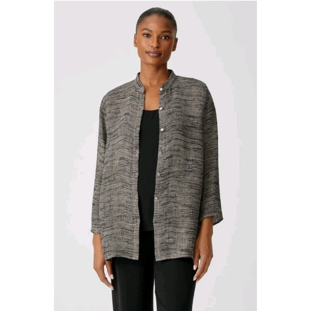 Eileen Fisher Grey Linen Blend Gauze Strata Mandarin Collar Button Up Top 1X